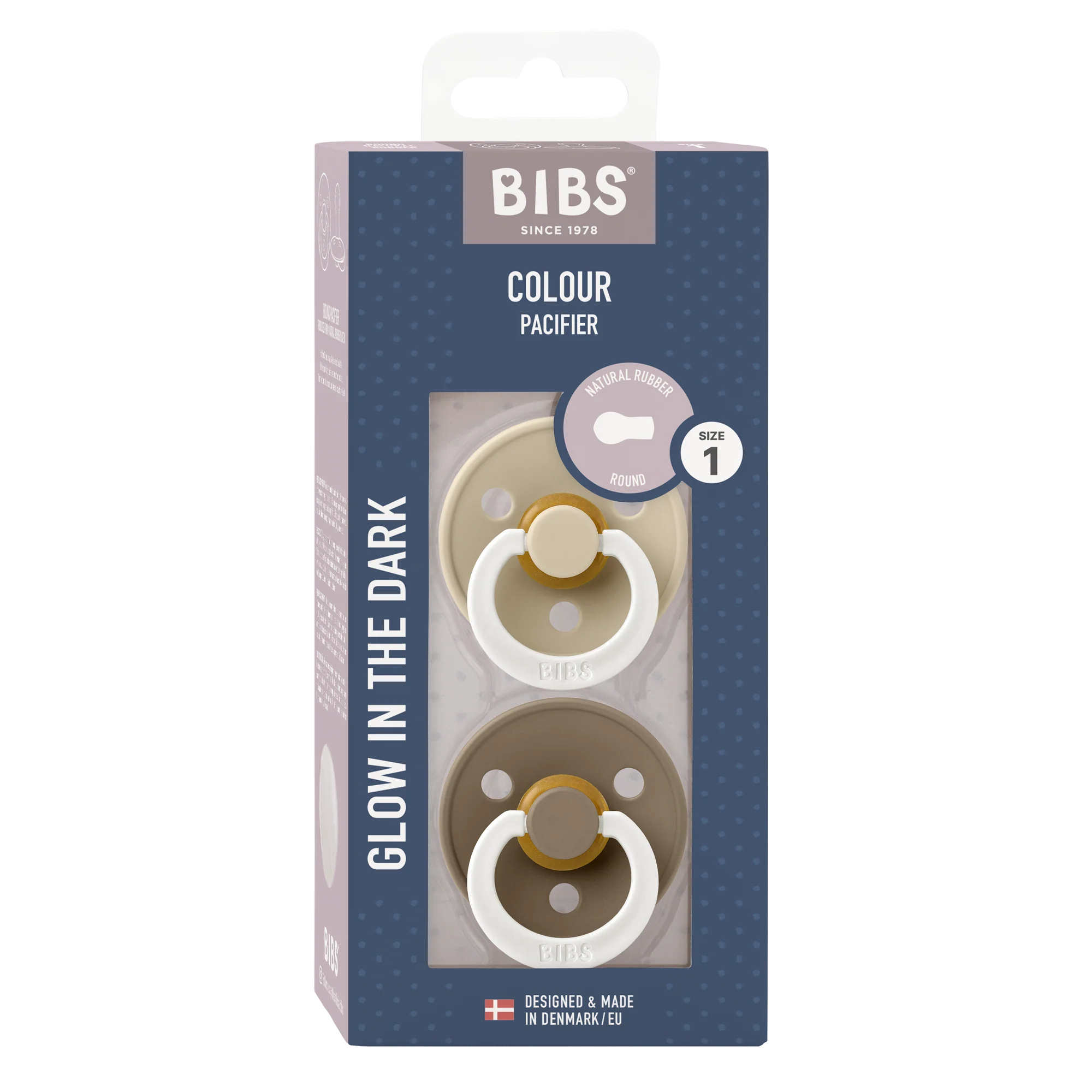 BIBS Nuggi "Colour" 2er-Pack Latex Round 0-6m | Vanilla GLOW Dark Oak GLOW