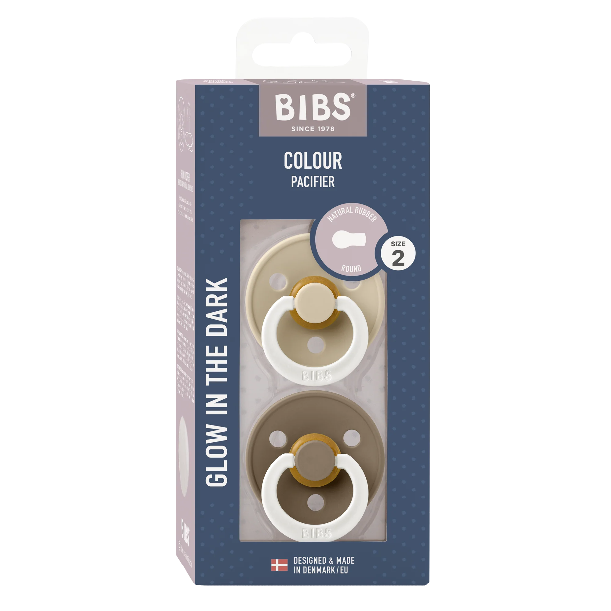 BIBS Nuggi "Colour" 2er-Pack Latex Round 6-12m | Vanilla GLOW Dark Oak GLOW